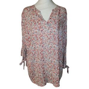 Soiree Floral V-Neck Blouse 1X Coral Red Blue Rayon Tie Cuff Long Sleeve Top